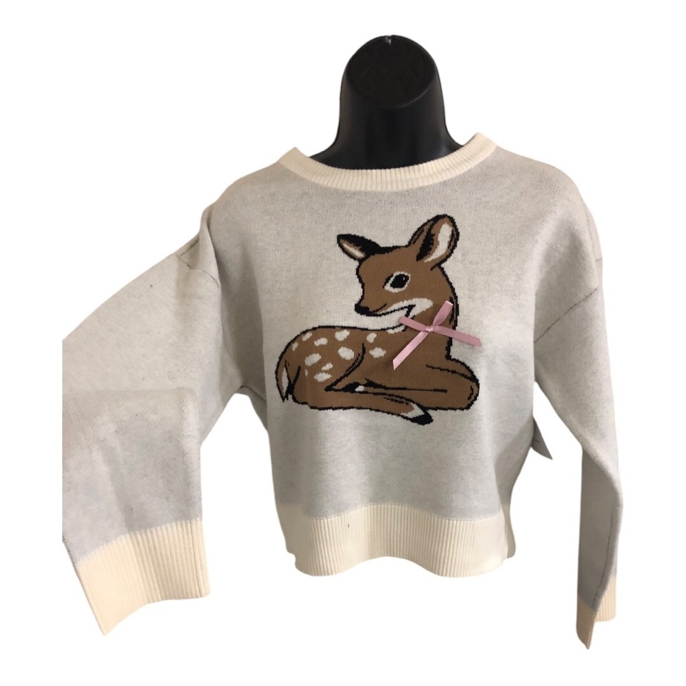 Cream ribbed crew neck pink bow seated doe printed sweater size Small brand new